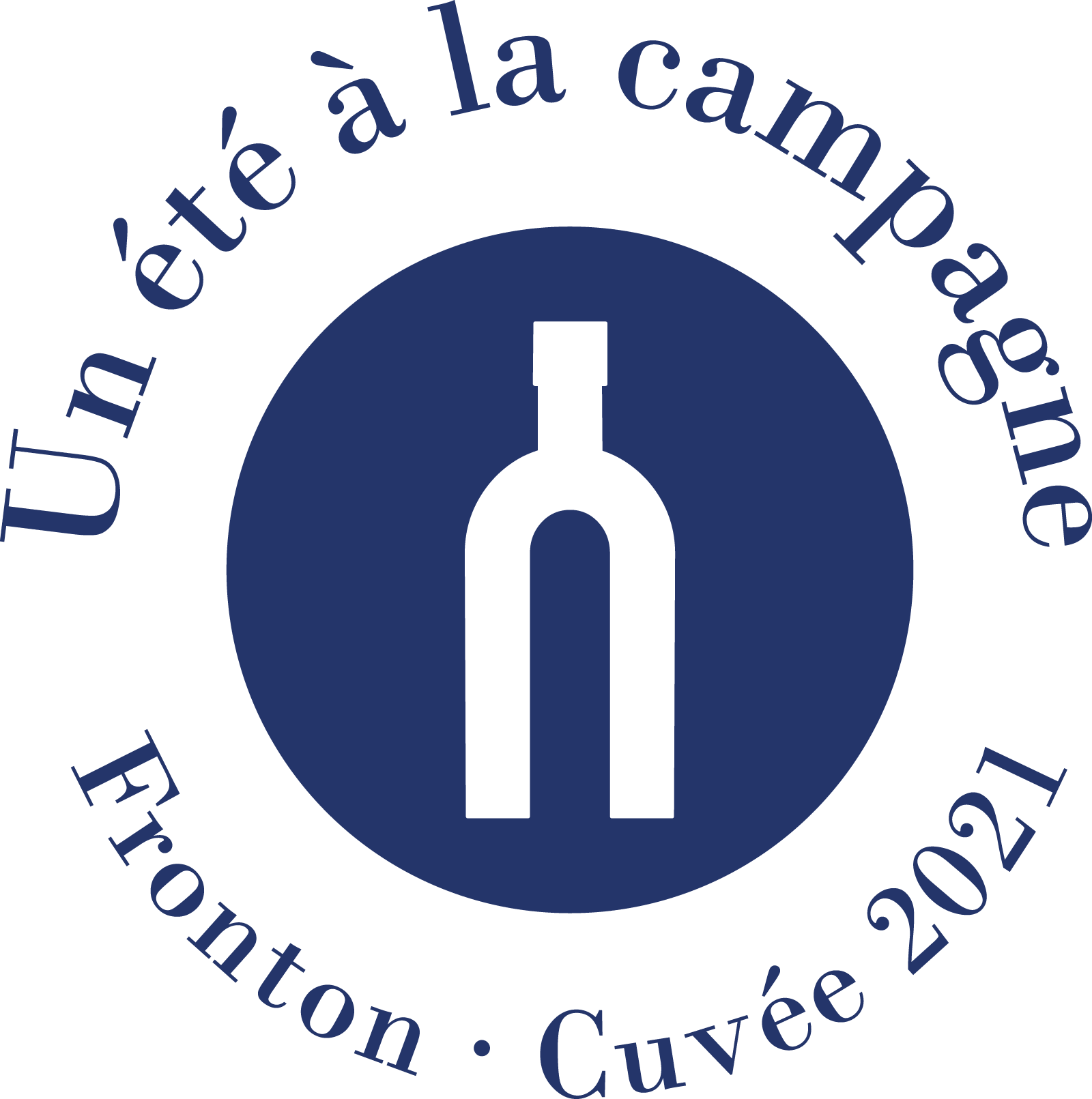 Logo rond bleu marine bouteille Guinguette Un été à la campagne