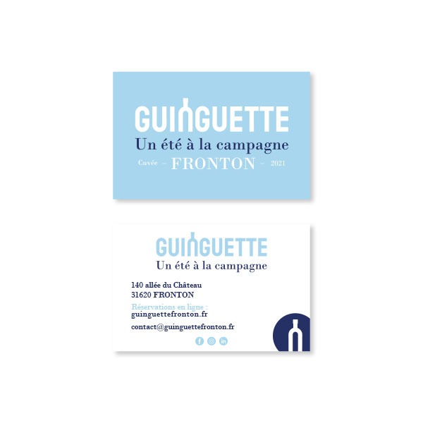 Carte de visite bleu et blanc restaurant Guinguette Fronton Restaurant un été à la campagne