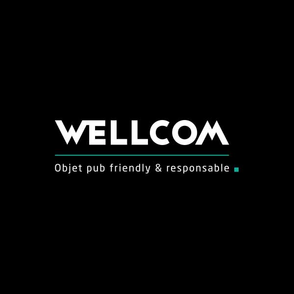 logo Wellcom objet pub friendly et responsable blanc sur fond noir